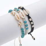 Natural stone shell hand woven adjustable wax rope bracelet