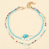 Bohemian colored rice bead turquoise multi-layer necklace