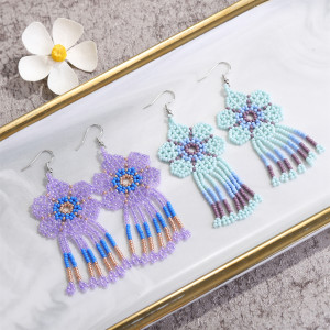 Colorful Flower Long Tassel Earrings Handwoven Rice Beads