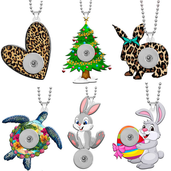 Rabbit Loves Turtle Christmas Tree Double sided Printed  Acrylic 60CM Necklace Pendant  20MM Snaps button jewelry wholesale