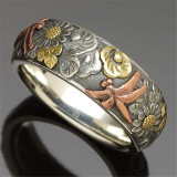 Carved Flower Dragonfly Sunflower Ring