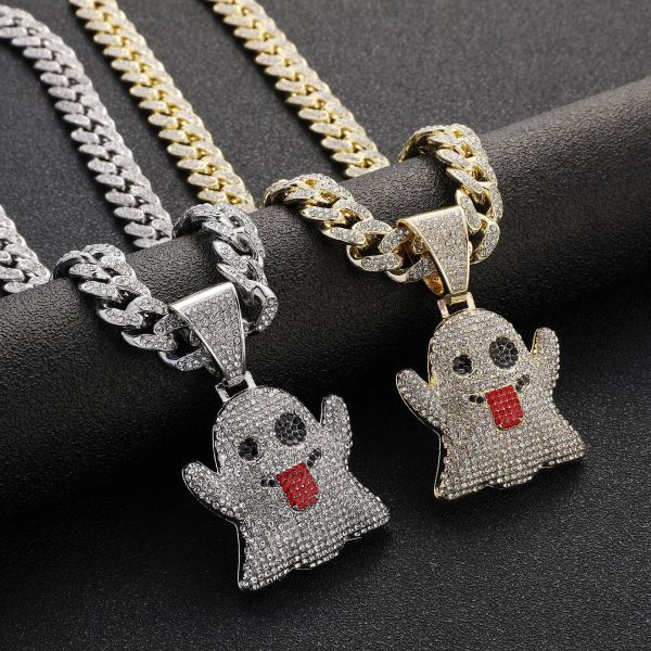 Funny Expression Ghost Halloween Hip Hop Pendant Cuban Chain with Diamond Necklace