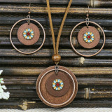 Alloy Wood Pendant Flower Pattern Necklace Earring Set