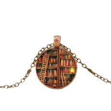 Vintage Book Photos Glass Library Metal Pendant Necklace
