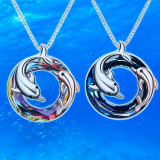 Colorful Circle Crystal Dolphin Pendant Necklace Birthday Holiday Valentine's Day Gift