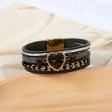 Beaded leather woven love crushed stone inlaid diamond magnetic buckle bracelet