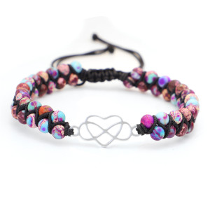 Handwoven double layer natural stone bracelet with hollow heart love stainless steel bracelet