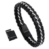 Braided cowhide bracelet stainless steel three section magnet