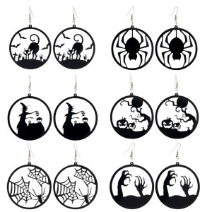 Horror Spider Pumpkin Witch Black Cat Round Acrylic Halloween Earrings