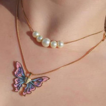 Barbie Princess Necklace Pearl Drop Oil Butterfly Princess Crystal Neckchain