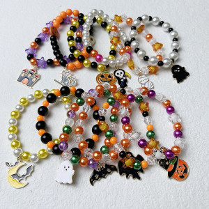 Halloween Plastic Beaded Alloy Pendant Pumpkin Ghost Elastic Bracelet