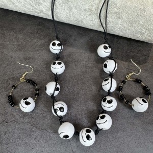 Halloween Earrings Necklace Bracelet Wooden Beads Adjustable Black and White Ghost Face Handmade Beads