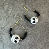 Halloween Earrings Necklace Bracelet Wooden Beads Adjustable Black and White Ghost Face Handmade Beads