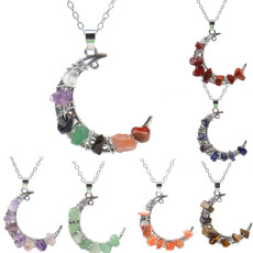 Handmade Colorful Beaded Gravel Crystal Amethyst Moon Pendant Necklace