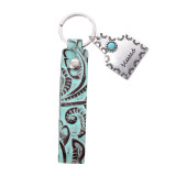 Leather patterned keychain with alloy character farm sign natural turquoise