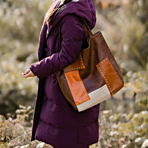 Fashion Rivet Contrast Panel Leather One Shoulder Tote Bag