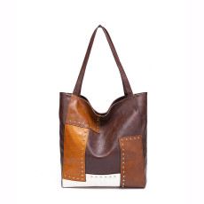 Fashion Rivet Contrast Panel Leather One Shoulder Tote Bag