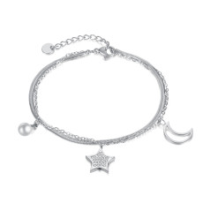 Stainless Steel Zircon Pearl Double Layer Star Moon Bracelet