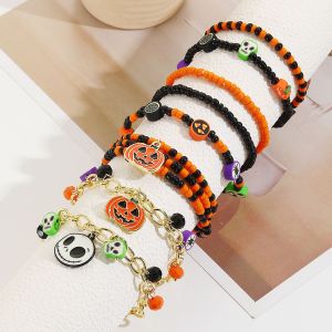 Halloween Rice Pearl Orange Pumpkin Skull Pendant Bracelet