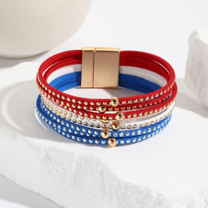 US Flag Color Matching Leather Bracelet Copper Bead Rivet PU Leather Magnetic Buckle Bracelet