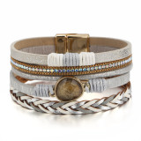 Woven multi-layer leather oval resin bracelet Bohemian magnetic buckle bracelet