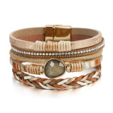 Woven multi-layer leather oval resin bracelet Bohemian magnetic buckle bracelet