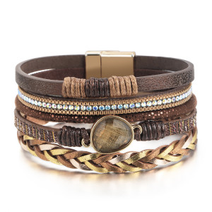 Woven multi-layer leather oval resin bracelet Bohemian magnetic buckle bracelet