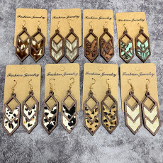 Leopard patterned cow patterned genuine leather earrings with geometric inlay earrings and hollowed out wooden earrings