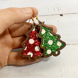 Christmas Sparkling Leather Earrings with Dotted Christmas Tree Holiday Earrings