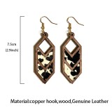 Leopard patterned cow patterned genuine leather earrings with geometric inlay earrings and hollowed out wooden earrings