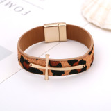 Cross alloy bracelet leopard pattern horse hair leather magnetic buckle bracelet