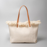 Large capacity canvas tote bag, shoulder bag, beach bag, tassel embroidery design bag