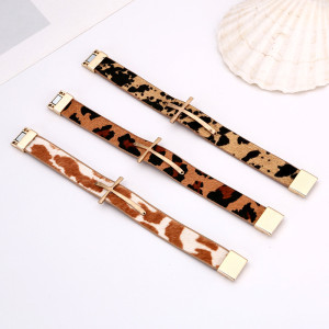 Cross alloy bracelet leopard pattern horse hair leather magnetic buckle bracelet