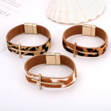 Cross alloy bracelet leopard pattern horse hair leather magnetic buckle bracelet