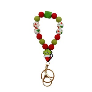 Silicone Christmas Grinch Pumpkin Cow Ghost Dog Claw Wooden Bead Hand Chain Keychain