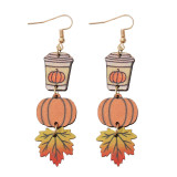 Autumn Thanksgiving Pumpkin Maple Leaf Coffee Cup Earrings for Women Double sided Wood Earrings