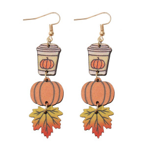 Autumn Thanksgiving Pumpkin Maple Leaf Coffee Cup Earrings for Women Double sided Wood Earrings