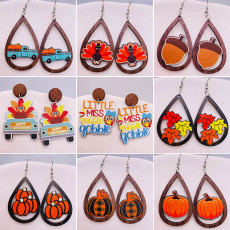 Autumn Thanksgiving Halloween Wooden Earrings Pumpkin Turkey Car Water Drop Pendant Earrings