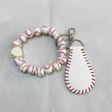 Baseball silicone bead bracelet, wooden bead PU leather tassel keychain