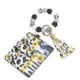 Leopard print change card case with printed beaded wood bead tassel keychain