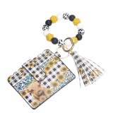 Leopard print change card case with printed beaded wood bead tassel keychain