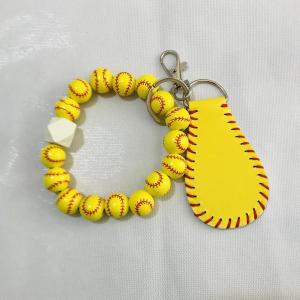 Baseball silicone bead bracelet, wooden bead PU leather tassel keychain