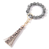 Halloween Thanksgiving Christmas Black and white plaid leopard print tassel wood bead bracelet keychain pendant