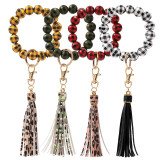 Halloween Thanksgiving Christmas Black and white plaid leopard print tassel wood bead bracelet keychain pendant