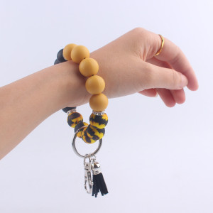 Silicone wrist keychain leather small tassel printed leopard print beaded bracelet