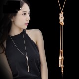 Bamboo knot rhinestone tassel long necklace