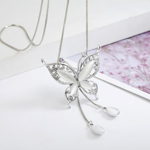 Butterfly Cat's Eye Stone Diamond Set Long Necklace