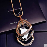 Long multi-level geometric crystal pendant necklace