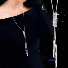 Bamboo knot rhinestone tassel long necklace