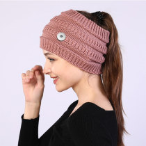 Autumn and Winter Knitted Hairband Widening Wash Face Cover Hollow Top Horsetail Woolen Hat fit 20MM Snaps button jewelry wholesale